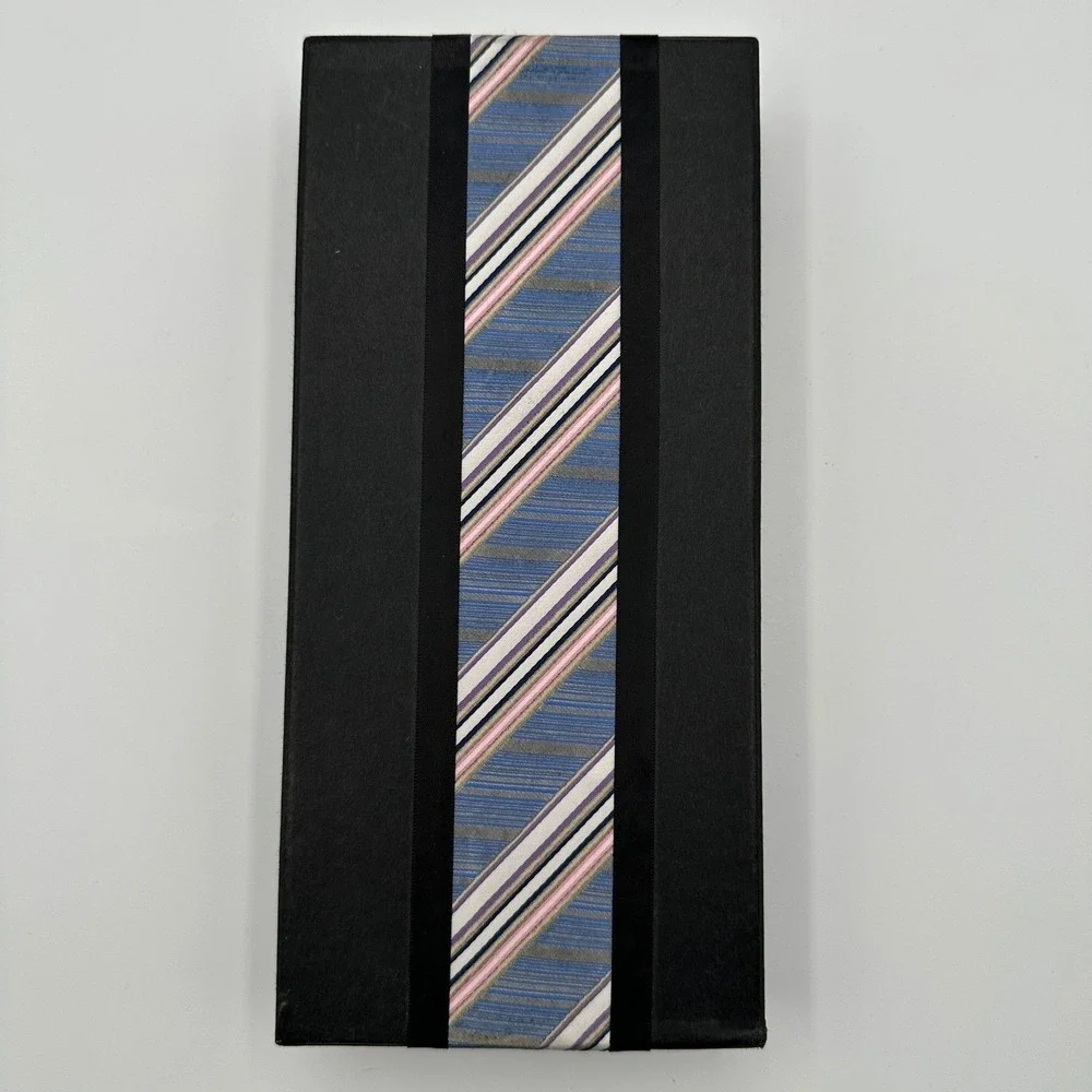 Handmade Italian 100% Silk Tie Set Blue Stripe Necktie Cufflinks Tie Clip Square